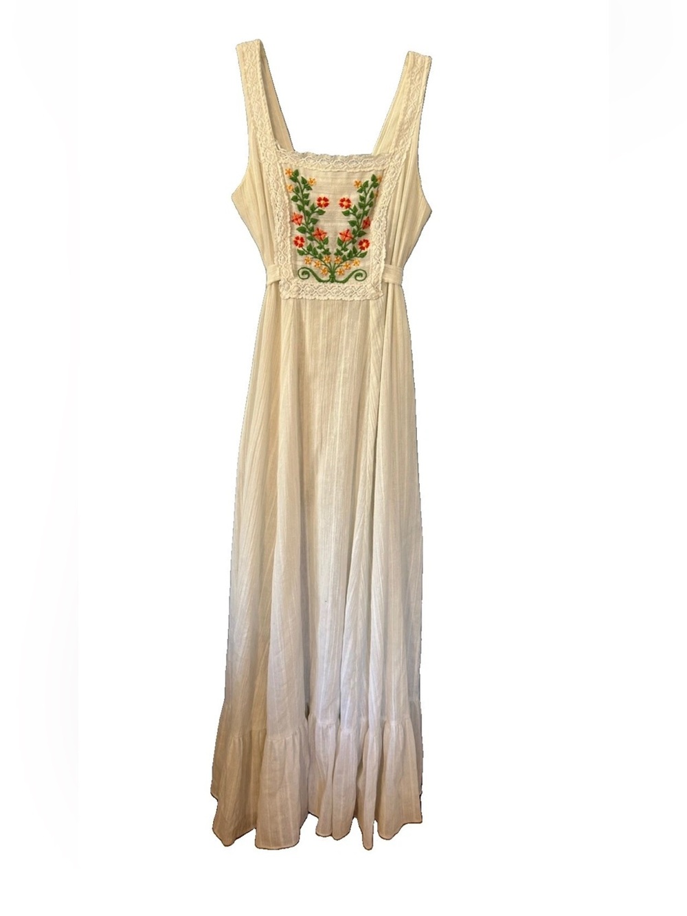 Vintage 70s Handmade Embroidered Maxi Dress Cotton Gauze Lace Boho Prairie S/M